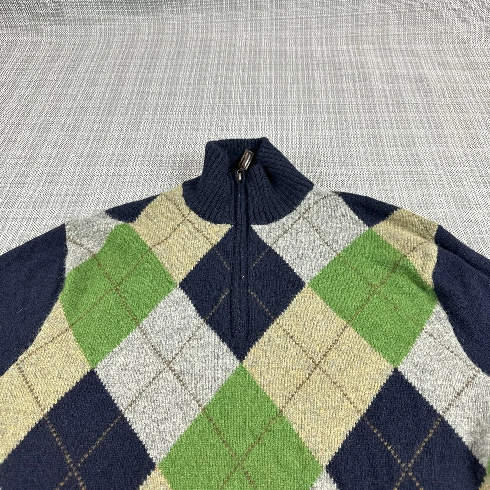J Crew Lambswool Argyle Sweater Mens Medium 1/4 Zip Blue Preppy Academia